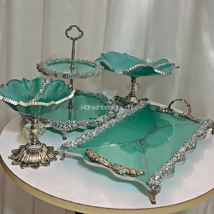 ست ظروف پذیرایی رزینی فیروزه ای