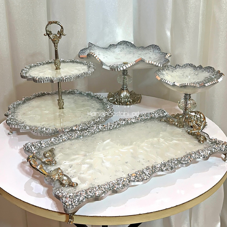 ست ظروف پذیرایی رزینی نقره ای