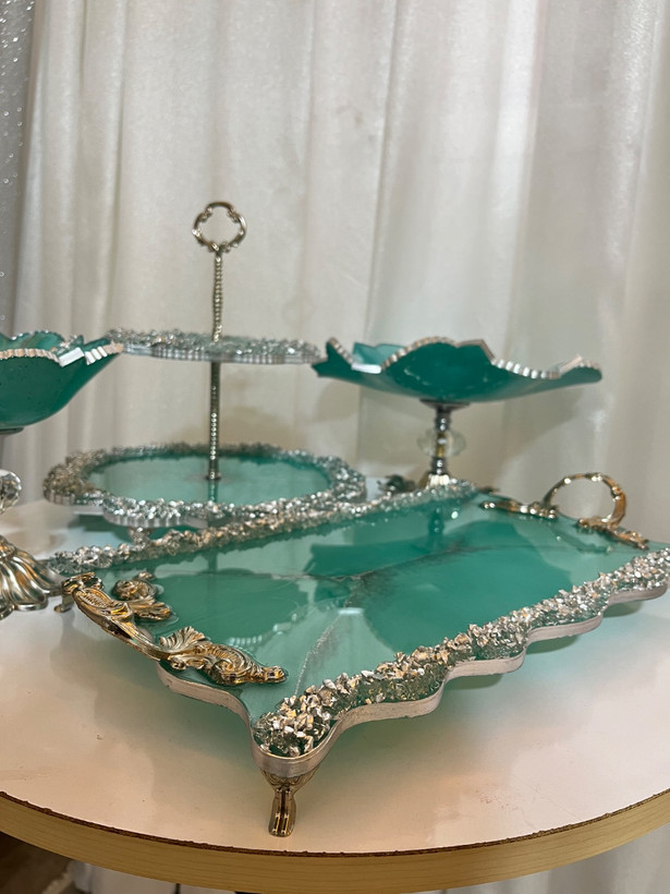 ست ظروف پذیرایی رزینی فیروزه ای