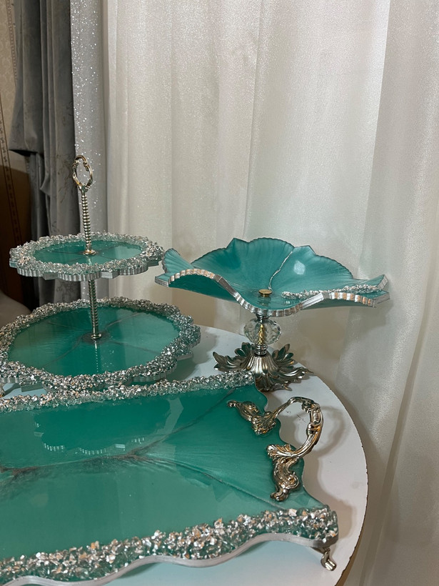 ست ظروف پذیرایی رزینی فیروزه ای