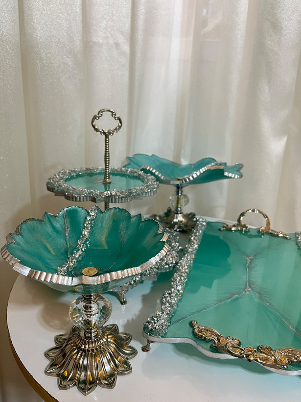 ست ظروف پذیرایی رزینی فیروزه ای